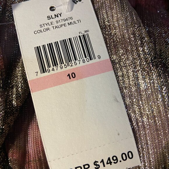 Long Metallic Knit Surplice Dress with Ruched Waist & Flutter Sleeves - Picture 3 of 5